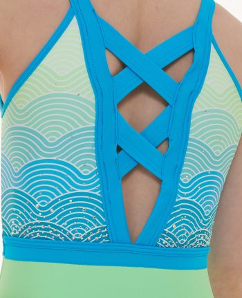 neon green and blue printed lycra training leotard with secure open back